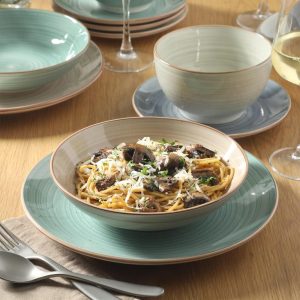 Stonebury 16 Piece Plates and Bowls Assorted Color Dishes - Handpainted Stoneware Dinnerware Set - Service for 4