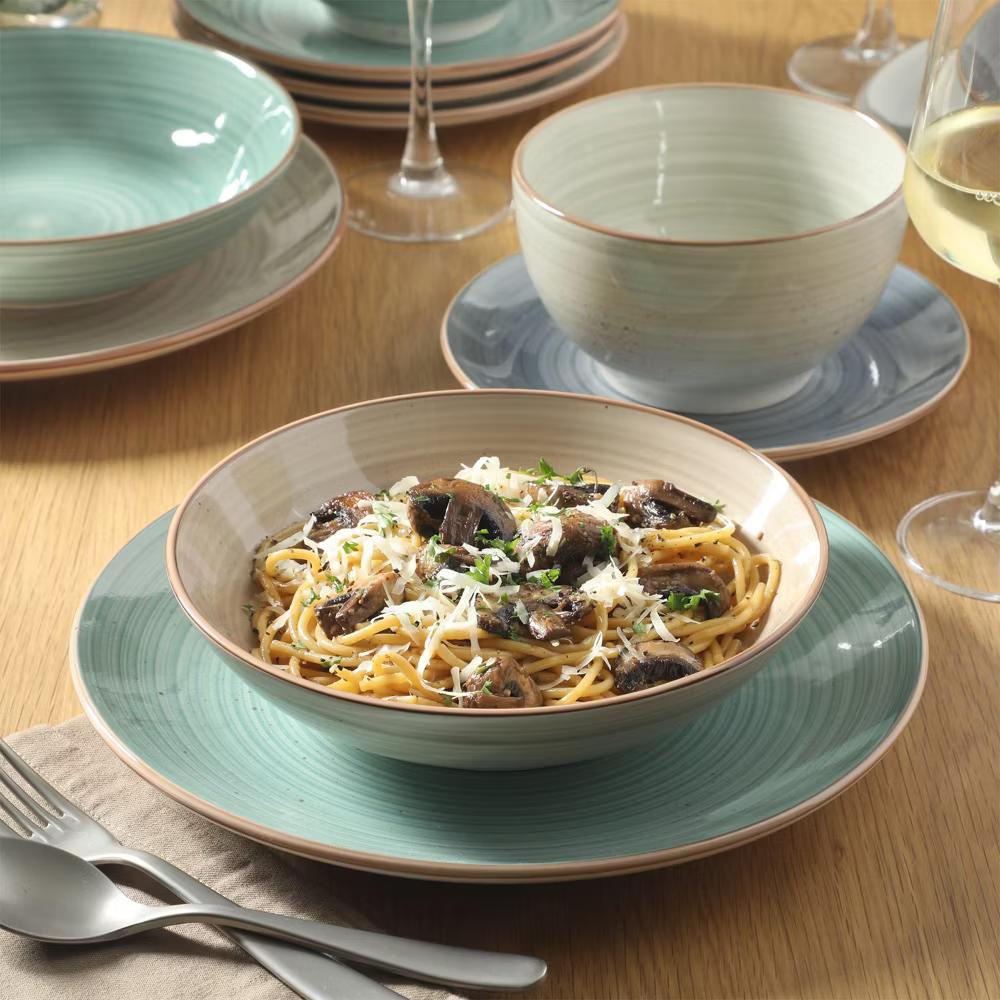 Stonebury 16 Piece Plates and Bowls Assorted Color Dishes - Handpainted Stoneware Dinnerware Set - Service for 4