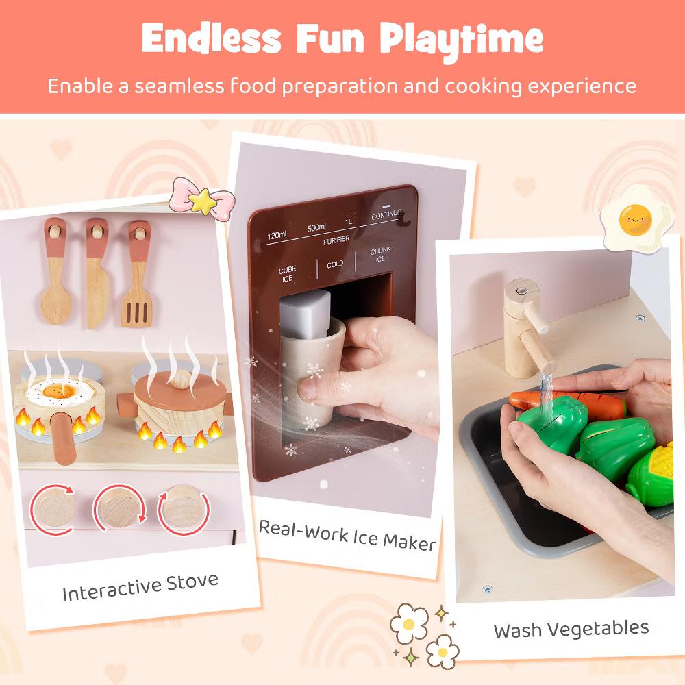 Play Kitchen w/Realistic Ice Maker Stove Accessories & Water Sink Storage - Image 4
