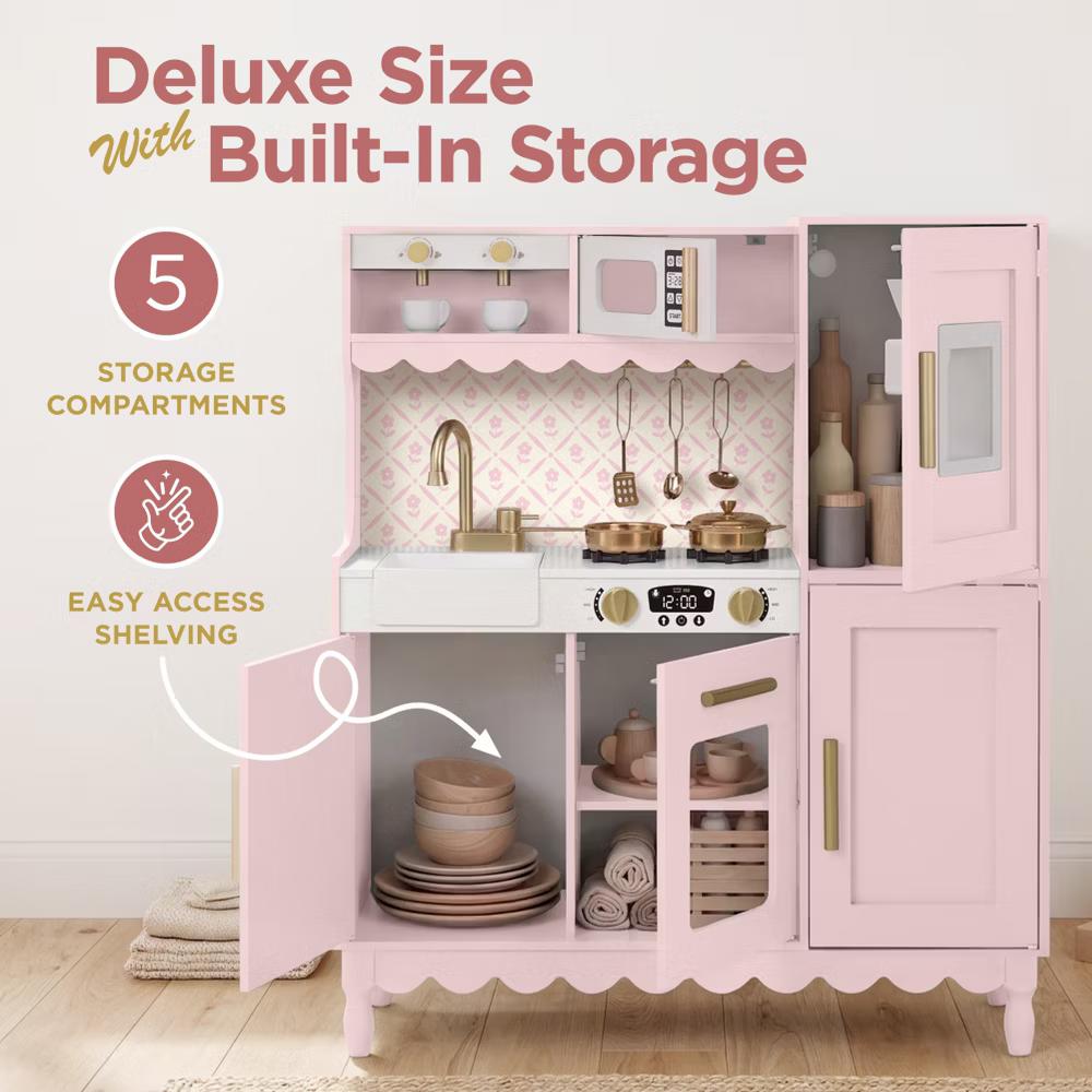 Wooden Cottage Kids Pretend Play Kitchen with 11 Accessories, Espresso Machine - Pink - Image 27