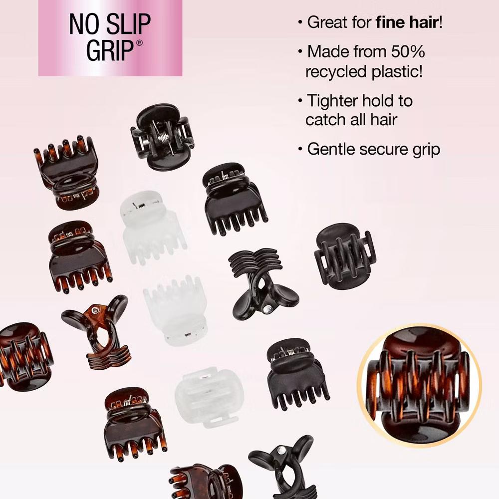 No-Slip Grip Recycled Mini Claw Clips - Mixed Finish - Black/Brown/Clear - Fine Hair - 15pcs