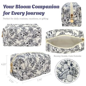 Floral Quilted Makeup Bag, Cosmetic Toiletry Travel Bag, Pencil Pouch