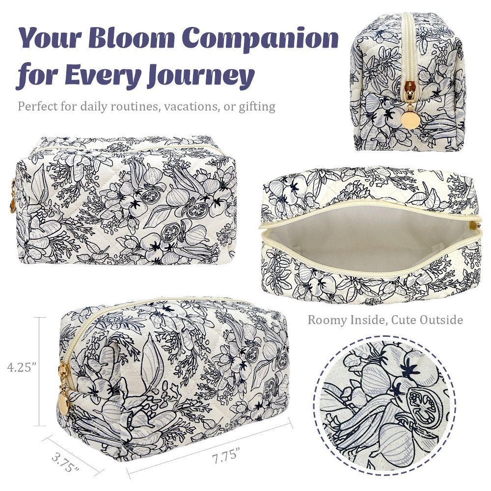 Floral Quilted Makeup Bag, Cosmetic Toiletry Travel Bag, Pencil Pouch