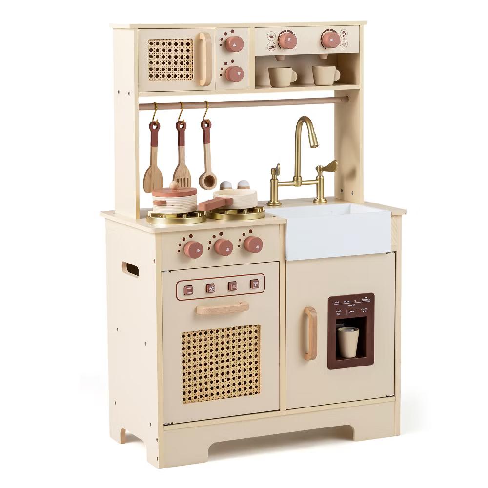 Kids Play Kitchen, Wooden Pretend Kitchen Playset with Rattan Doors, Stoves Yellow/Pink - Image 6
