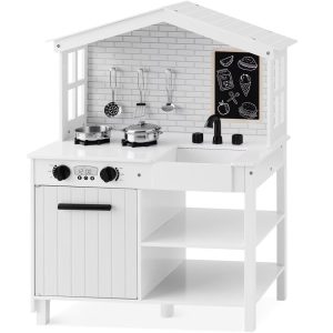 Farmhouse Play Kitchen Toy for Kids w/ Chalkboard, Storage Shelves, 5 Accessories - Chalk