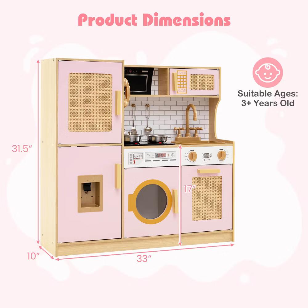 Wooden Kids Kitchen Playset Pretend Play Kitchen with Real Sounds Lights Pink/Yellow - Image 3