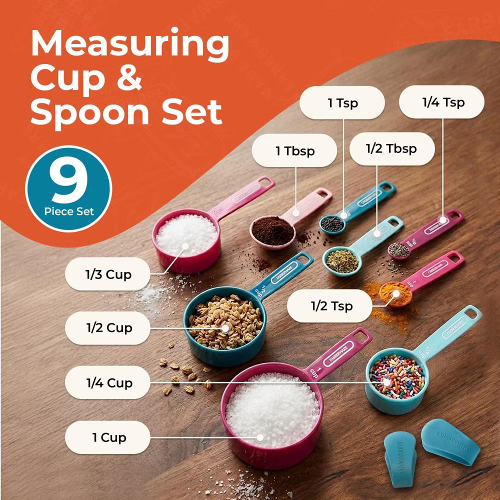Farberware Kitchen Basics Measuring Cup & Spoon Set, 9-Piece Colorful Nesting Design with Easy-to-Read Markings - Dishwasher Safe, Plastic - Image 15
