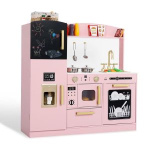 Wooden Play Kitchen for Kids with Ice Maker, Sink, Microwave, Dishwasher&Accessories – Educational Role Play Toy for Toddlers Ages 3+