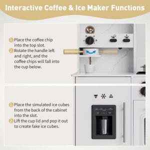 Wooden Play Kitchen for Kids, Wooden Kids Play Kitchen Playset with Lights Sounds, Toddler Pretend Cooking Set with Toy Food Cookware Accessories