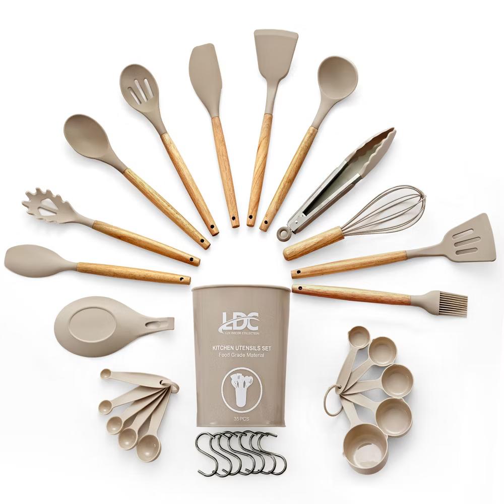 Lux Decor Cooking Utensil Set 35 Piece Silicone and Wood Kitchen Utensil Set with Holder Non Stick Kitchen Gadgets & Tools - Image 11
