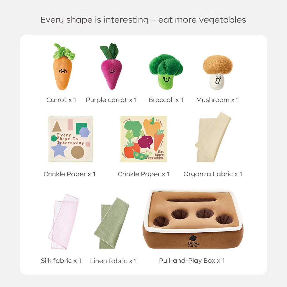Bc Babycare Pull & Play Activity Sensory Toy Tissue Box Toy, Veggies-Shaped with Crinkle Fabrics, Design for Sensory Learning
