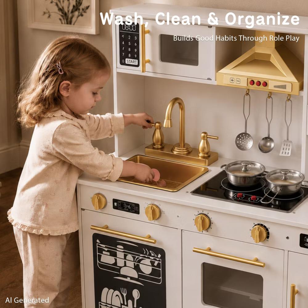 Wooden Play Kitchen for Kids with Running Water Sink, Interactive Stove, Ice Maker, Microwave, Oven & Dishwasher, Ages 3+ - Image 64