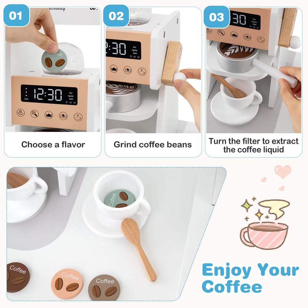 Corner Kitchen Playset with Coffee Machine Oven Microwave Washing Machine White/Brown/Pink - Image 28
