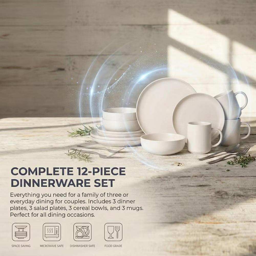 12-Piece Stoneware Dinnerware Set with Mugs, Microwave & Dishwasher Safe, Non-Toxic Dish Set, Plate Set, Stackable Matte Glaze Kitchenware for 3 - Image 31