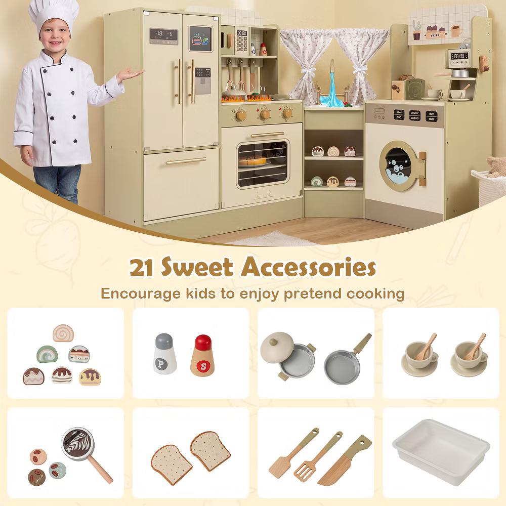 Kids Corner Play Kitchen w/Faucet Dishwasher Stoves Coffee Machine Refrigerator - Image 2
