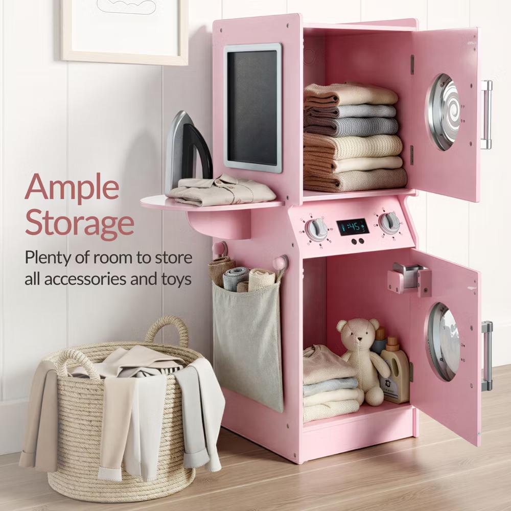 Pretend Play Kids Wooden Stacked Washer & Dryer Set w/ Toy Laundry Storage and Accessories - Pink - Image 3