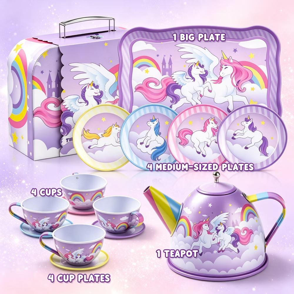 15PCS Unicorn Tea Party Set for Little Girls, Pretend Tin Teapot Set, Princess Tea Time Play Kitchen Toy w/ Case, Birthday Gift for Kids Age 3-6 - Image 2