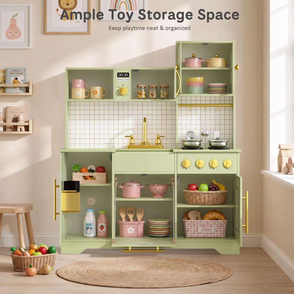 Wooden Play Kitchen with Running Water Sink, Clicking Stove Knobs, Microwave, Oven, Ice Maker & Storage, Ages 3+ - Image 19