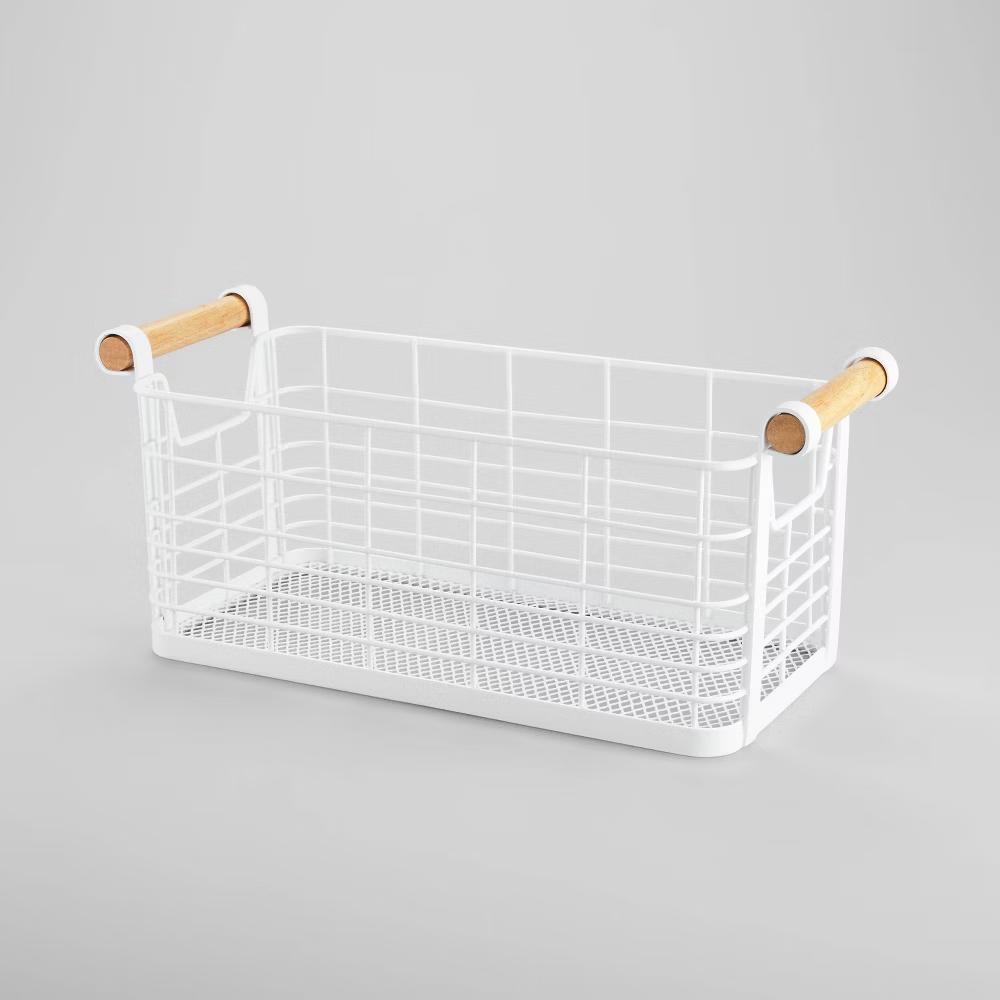 Rectangular Wire Natural Wood Handles Basket - Image 5