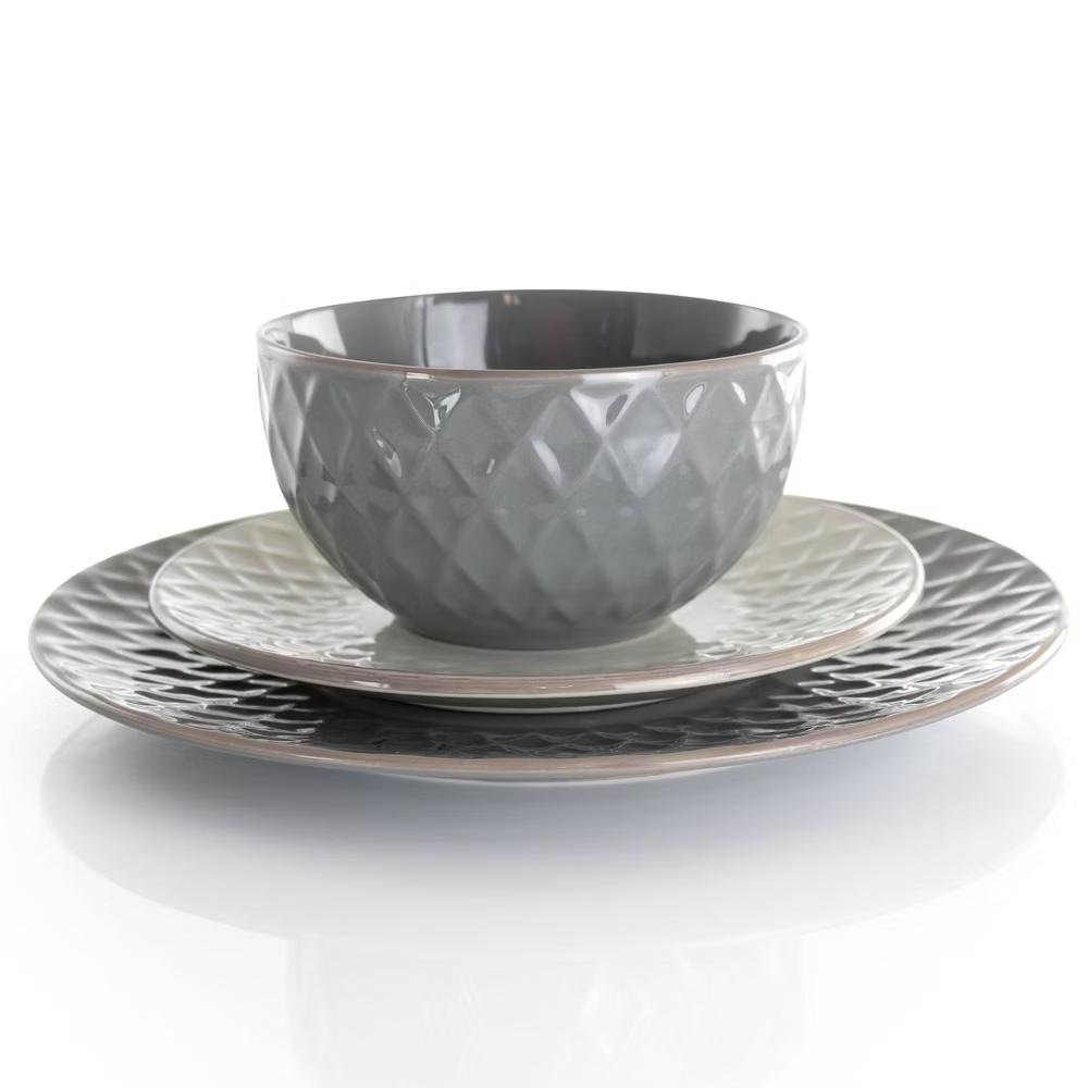 16pc Stoneware Tahitian Diamond Dinnerware Set - Gray Dish Set, Microwave & Dishwasher Safe, Service for 4 - Image 6