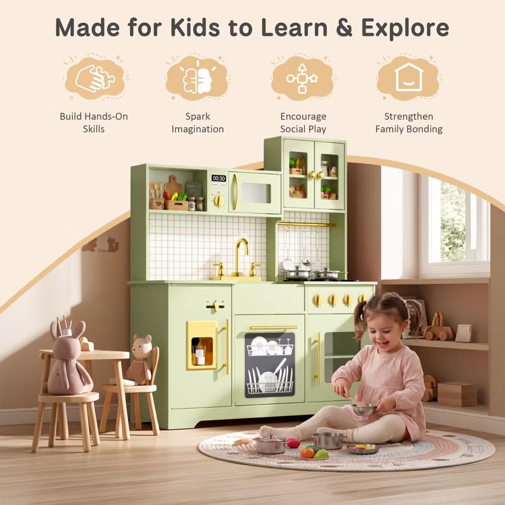 Wooden Play Kitchen with Running Water Sink, Clicking Stove Knobs, Microwave, Oven, Ice Maker & Storage, Ages 3+ - Image 20