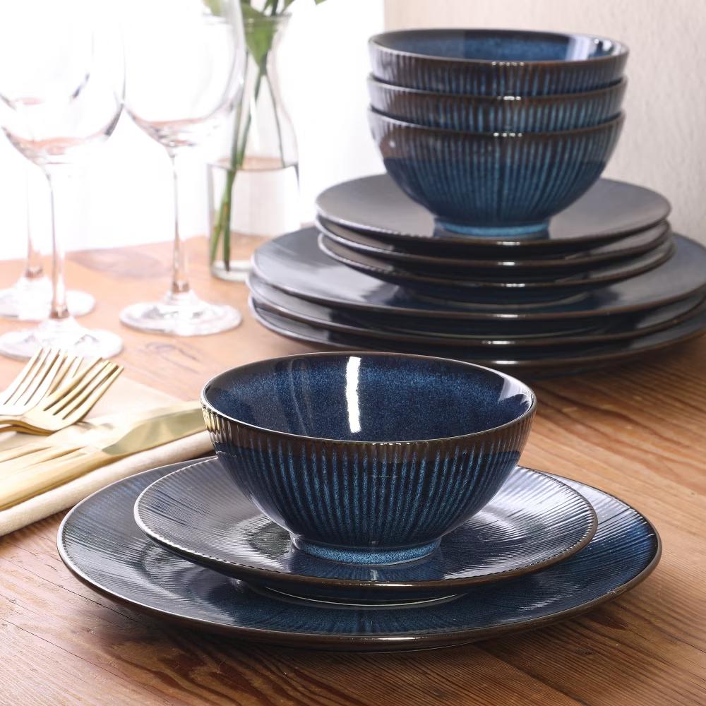 Midnight Luna Plates and Bowls Sets, 12-Piece Stoneware Dinnerware Sets, Reactive Glaze Dish Set - Blue - Image 11