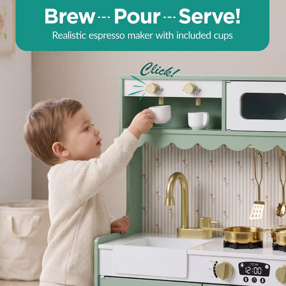 Wooden Cottage Kids Pretend Play Kitchen with 11 Accessories, Espresso Machine - Pink - Image 32