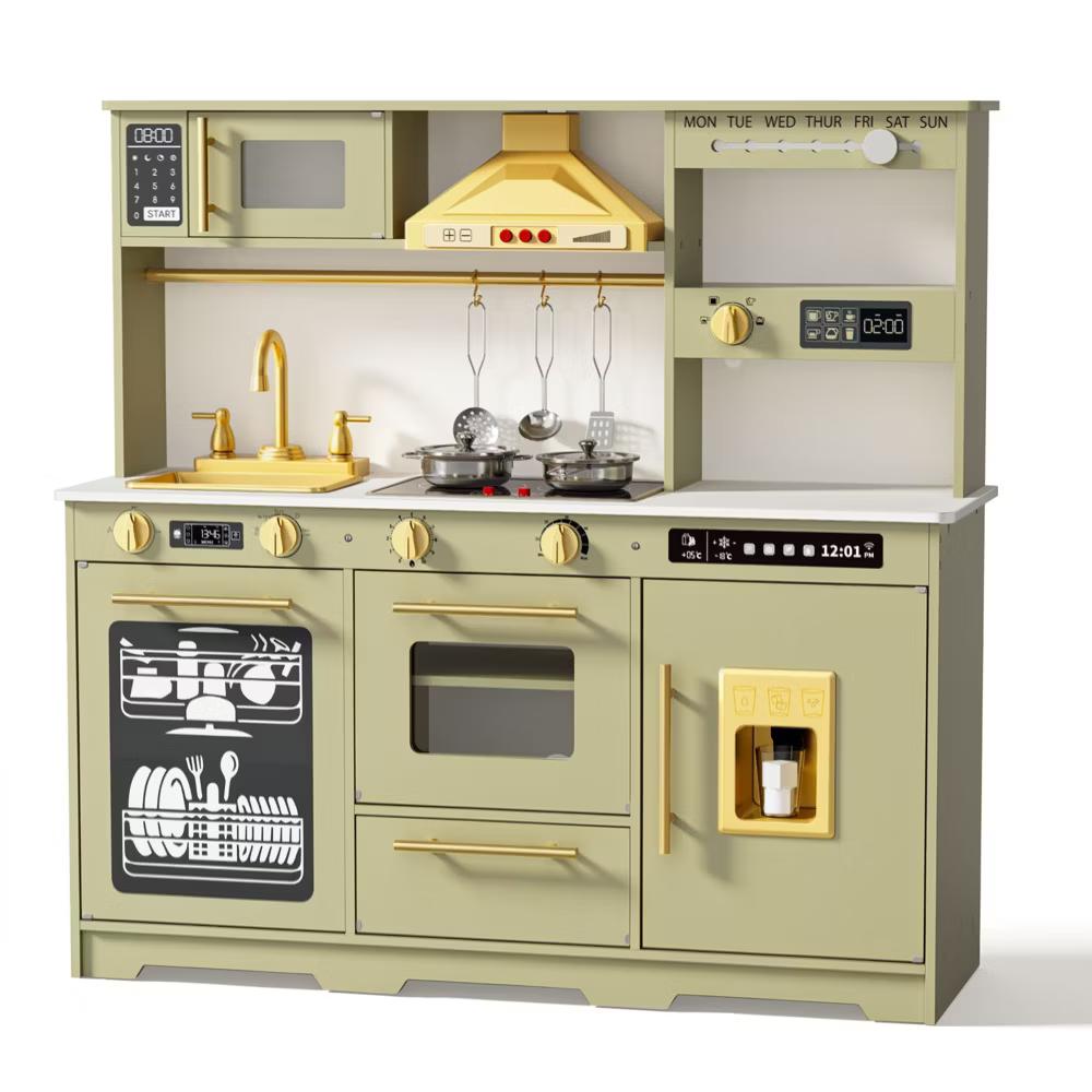 Wooden Play Kitchen for Kids with Running Water Sink, Interactive Stove, Ice Maker, Microwave, Oven & Dishwasher, Ages 3+ - Image 37