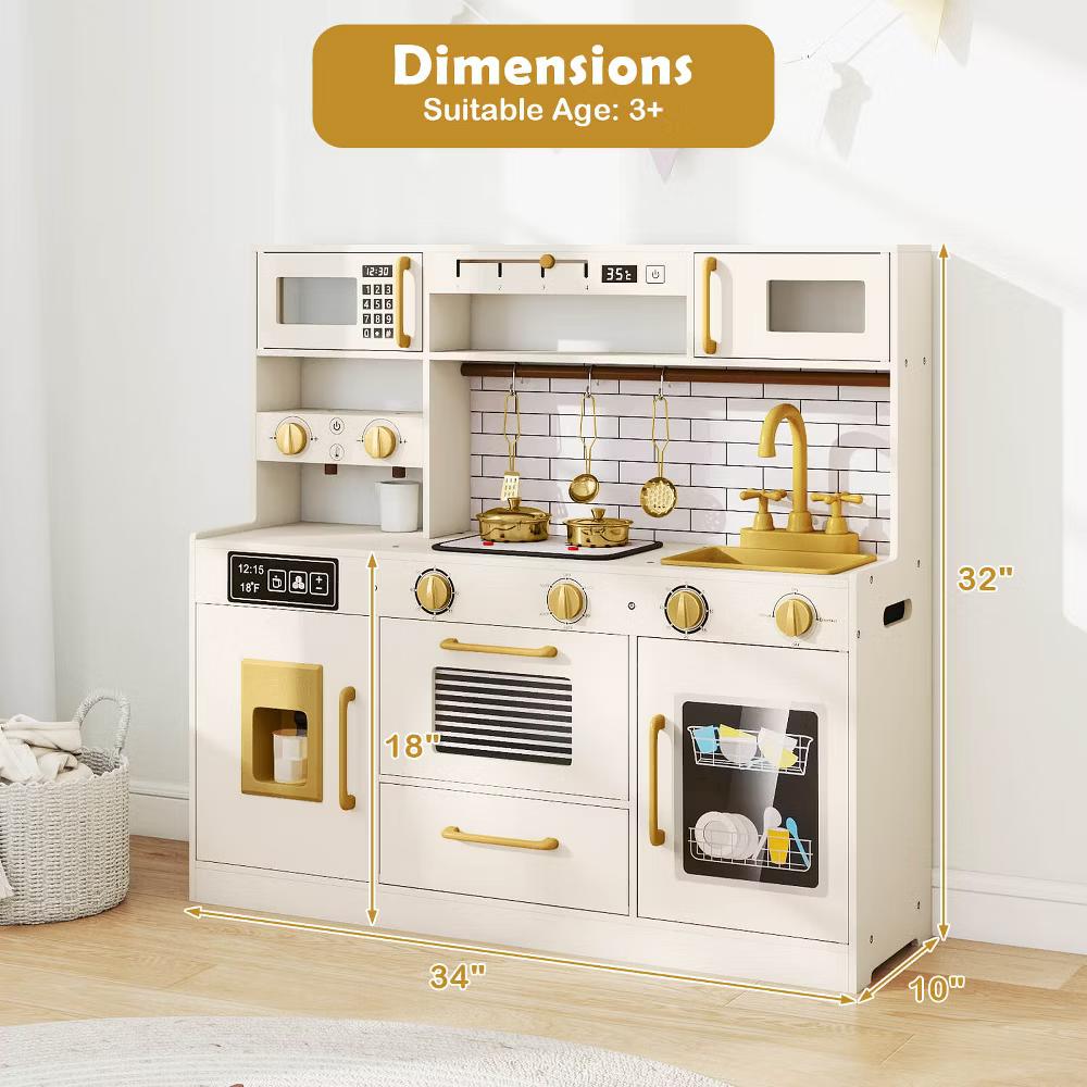 Kids Play Kitchen with Stoves, Light, Sound, Faucet, Sink, Ice Dispenser, Microwave - Image 4