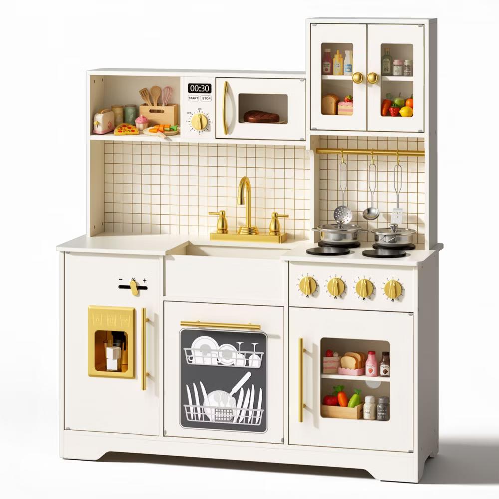 Wooden Play Kitchen with Running Water Sink, Clicking Stove Knobs, Microwave, Oven, Ice Maker & Storage, Ages 3+ - Image 13