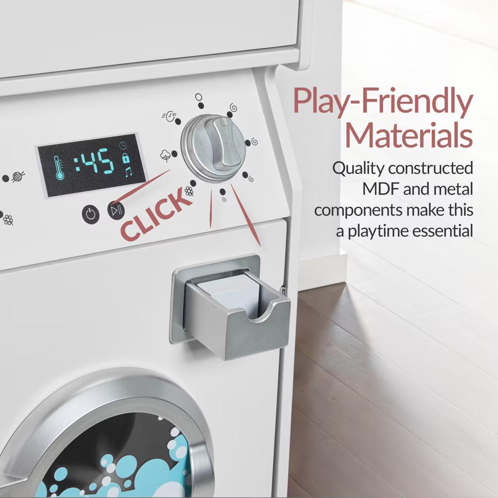 Pretend Play Kids Wooden Stacked Washer & Dryer Set w/ Toy Laundry Storage and Accessories - Pink - Image 15