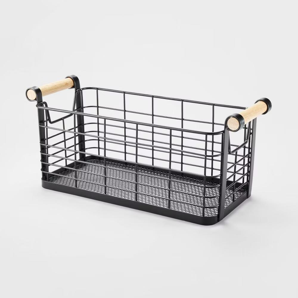Rectangular Wire Natural Wood Handles Basket - Image 8