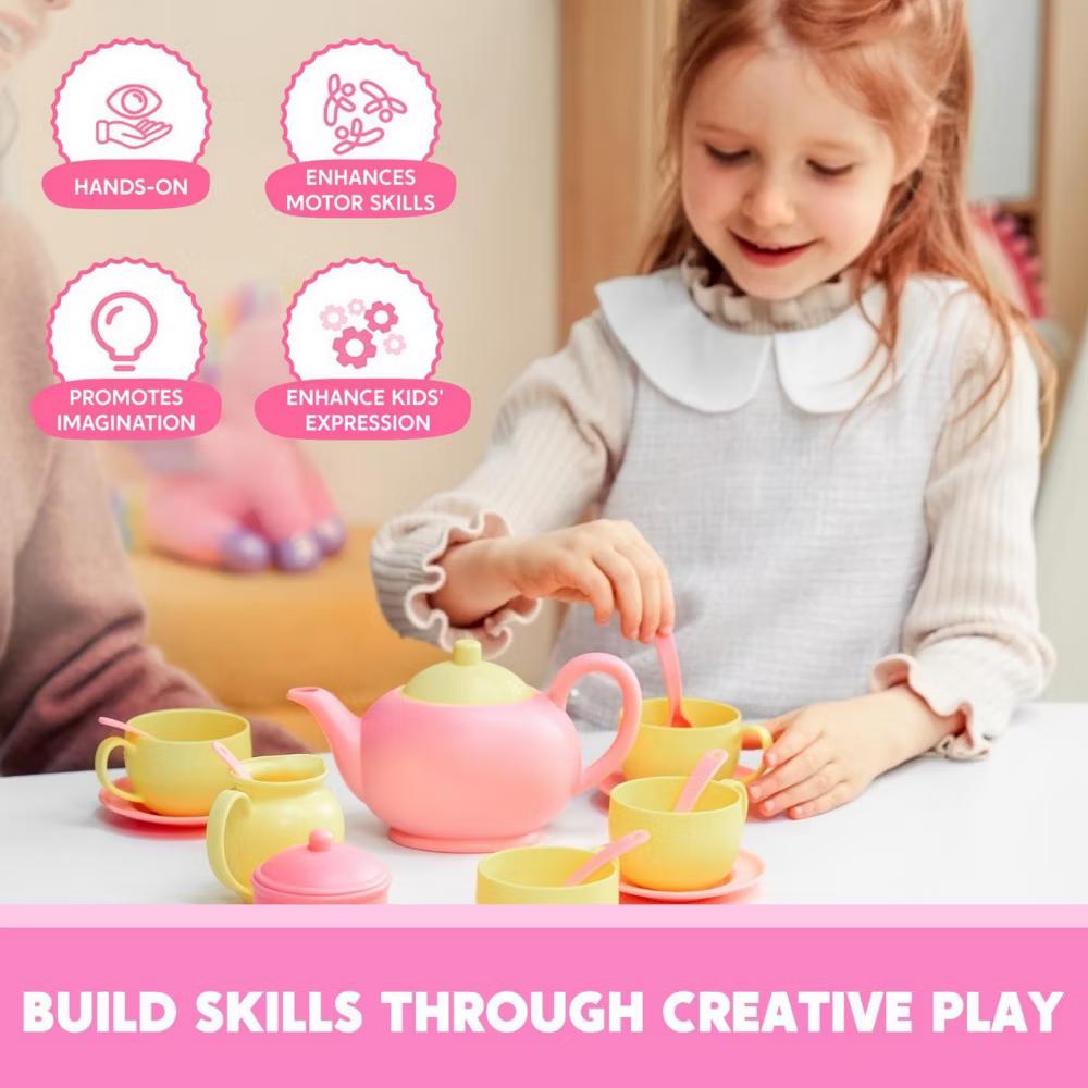 18PCS Toy Tea Set,Pretend Play Tea Party Set, Play Food Accessories Pink Tea Set, Mini Kitchen for Kids, Gifts for Toddler Girls Ages 3 4 5 6 - Image 3