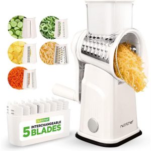 NutriChef 5-in-1 Cheese Grater & Shredder – Hand Crank, 5 Blades, Suction Base & Storage Container