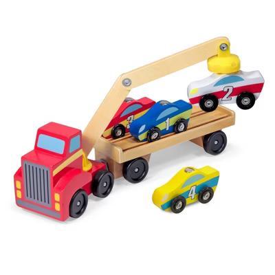 Magnetic Car Loader Wooden Toy Set With 4 Cars and 1 Semi-Trailer Truck