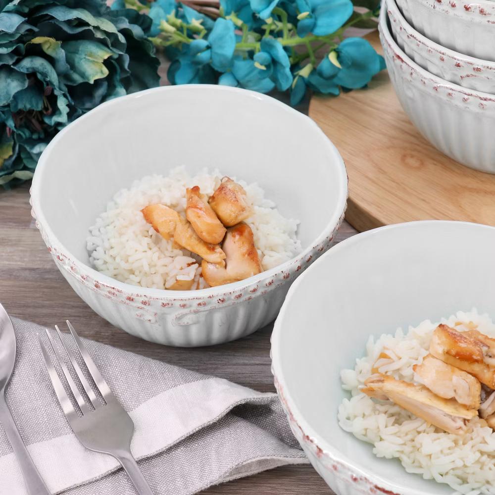 Modern Southern Home 6 Piece 6 Inch Stoneware Embossed Cereal Bowl Set in White - Image 2