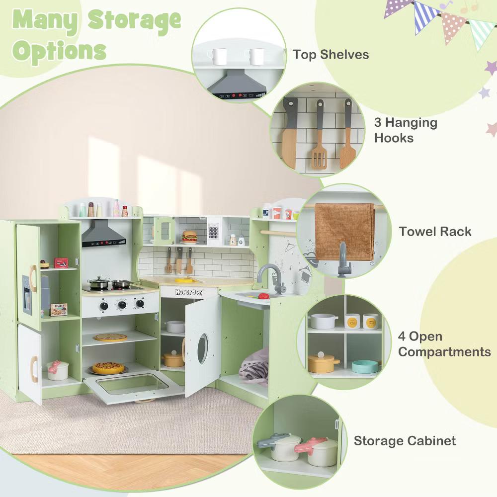 Corner Play Kitchen Toddler Kitchen Playset with Range Hood, Ice Maker, Microwave White/Pink - Image 17
