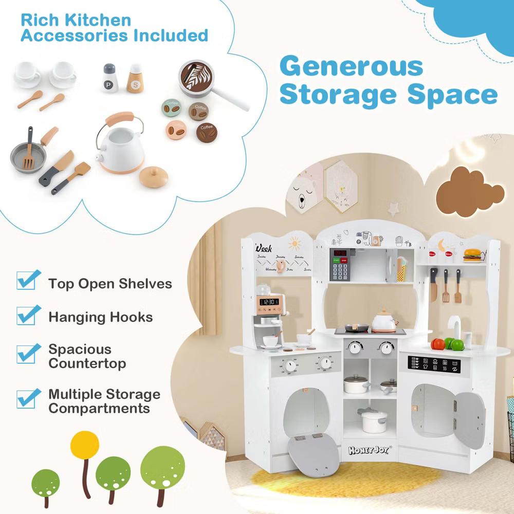 Corner Kitchen Playset with Coffee Machine Oven Microwave Washing Machine White/Brown/Pink - Image 26