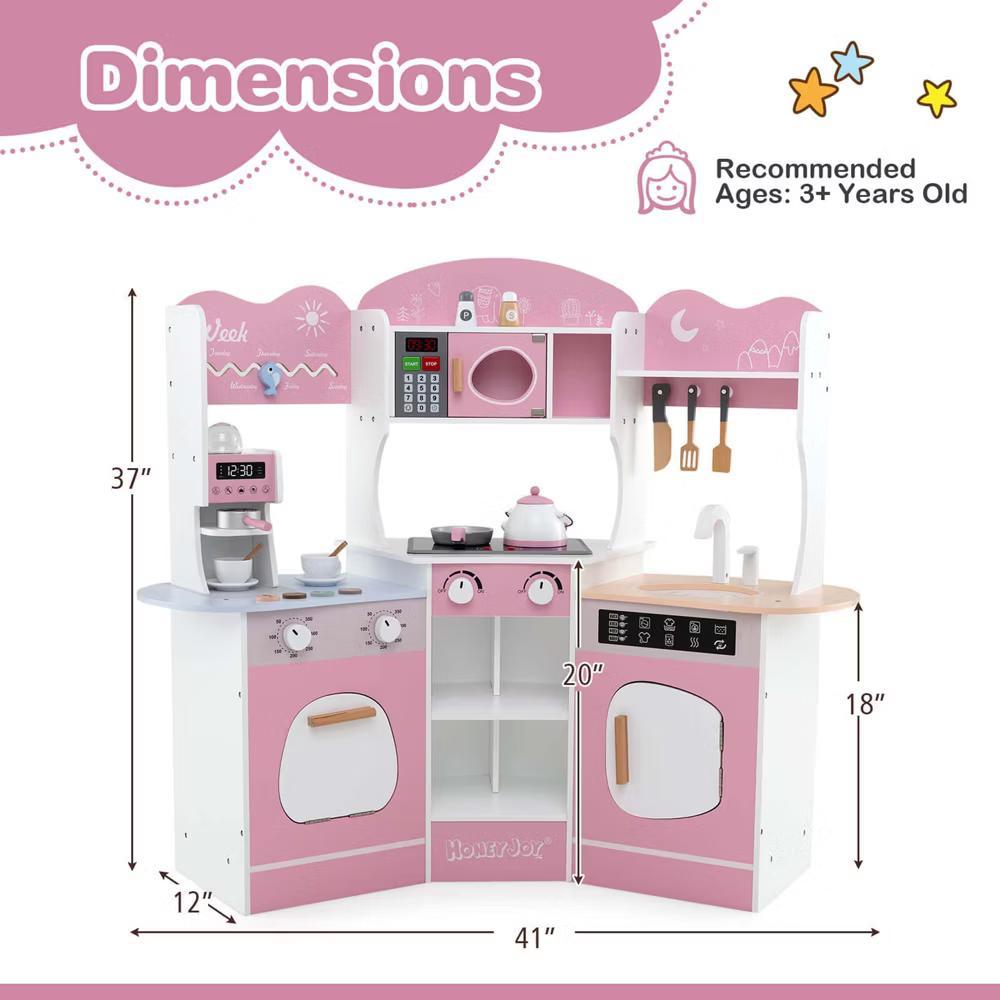Corner Kitchen Playset with Coffee Machine Oven Microwave Washing Machine White/Brown/Pink - Image 19