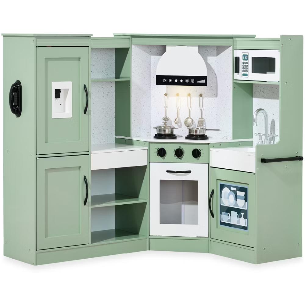 Pretend Play Corner Kitchen, Interactive Wooden Kids Set w/ Lights & Sounds - White - Image 61