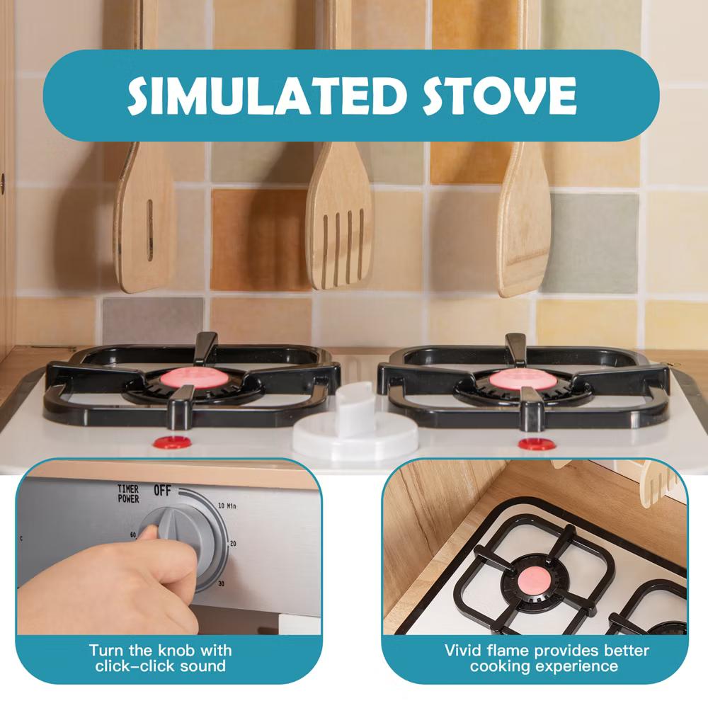 Wooden Kids Pretend Kitchen Playset Cooking Play Toy w/ Utensils & Sound - Image 7