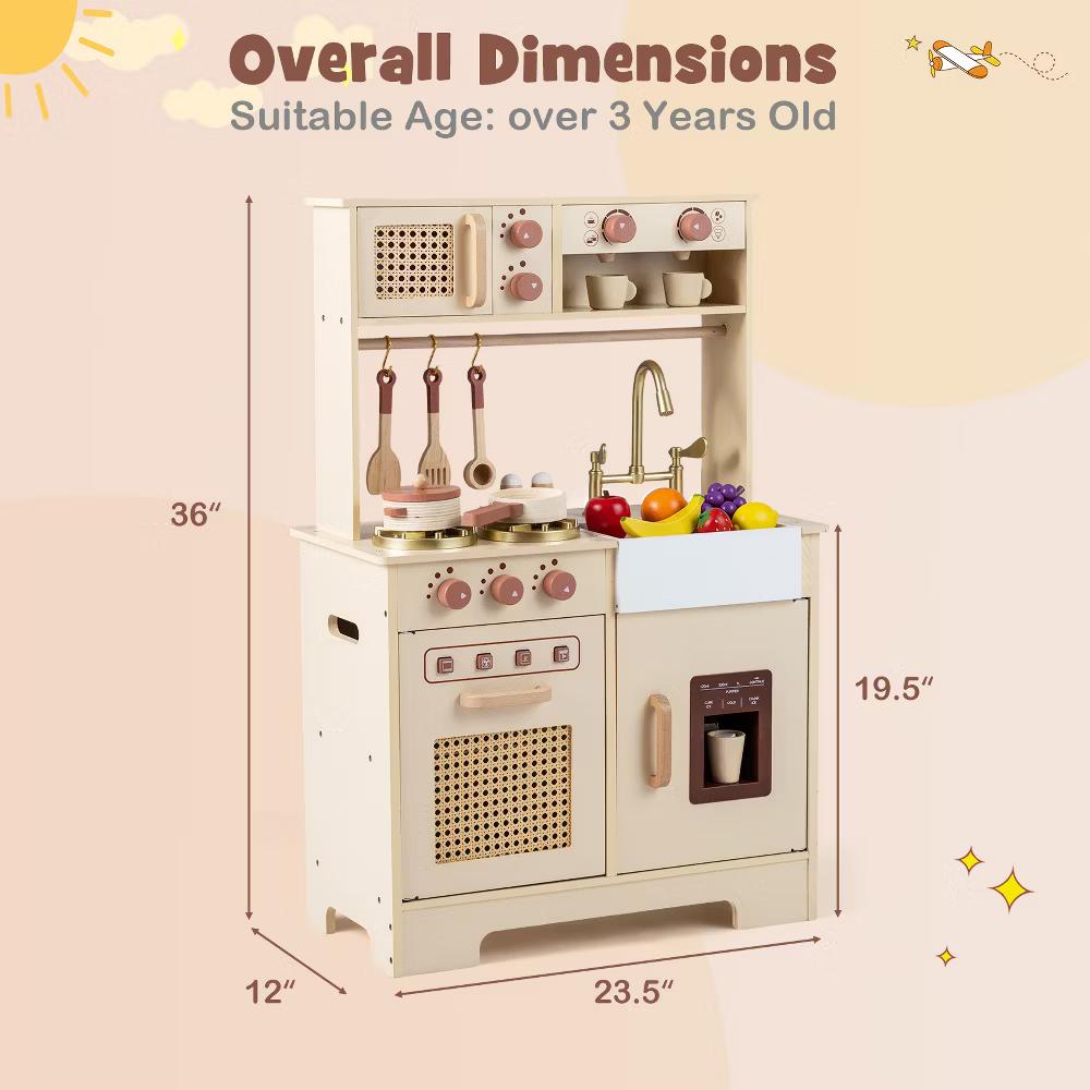 Kids Play Kitchen, Wooden Pretend Kitchen Playset with Rattan Doors, Stoves Yellow/Pink - Image 2