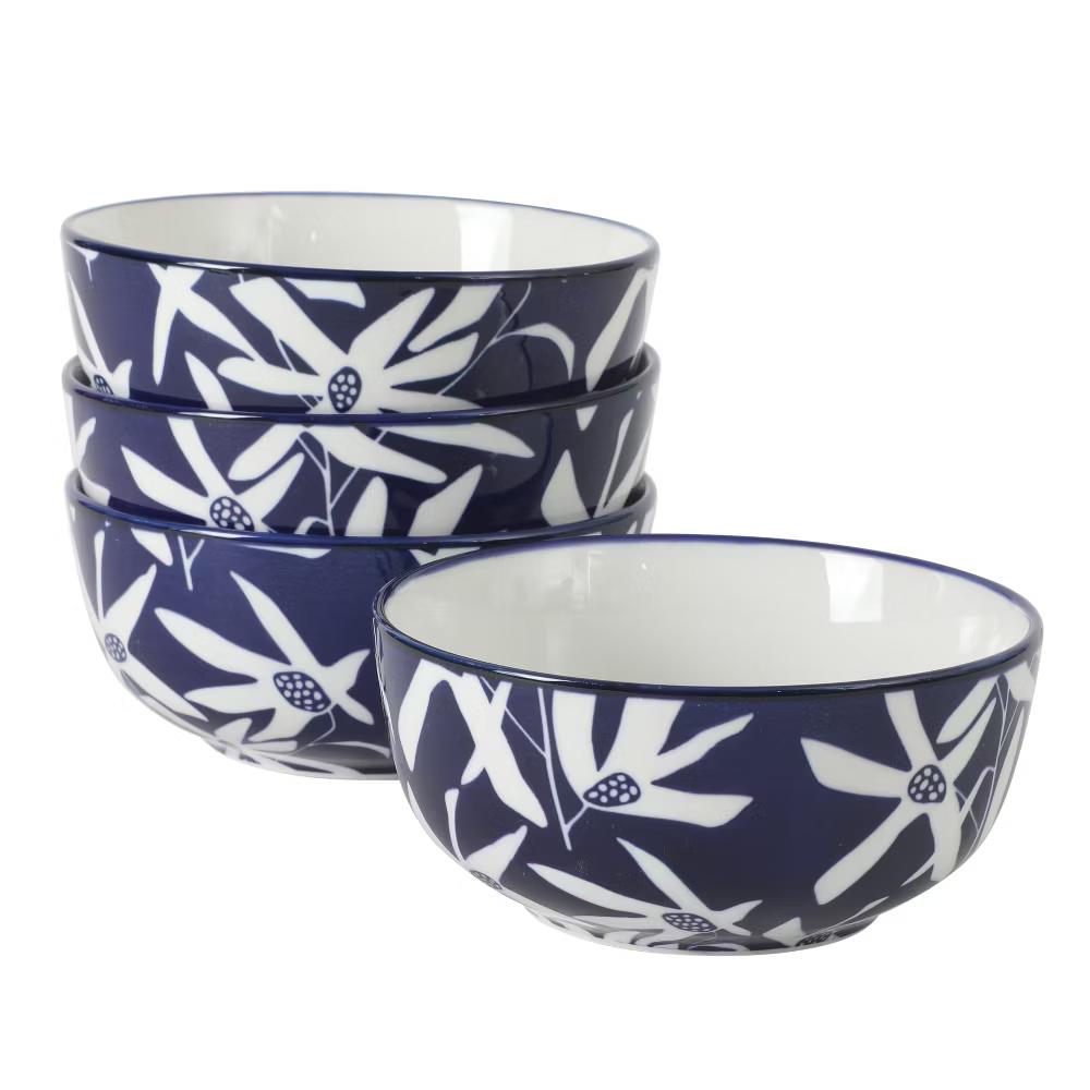 Ivory Estate 4-Piece Cereal Bowl Set, 5.5 Inch Round Stoneware Bowls, Blue & White Floral Pattern, Assorted Designs - Image 3