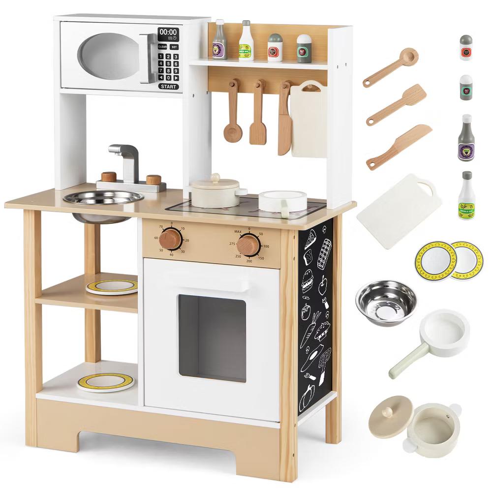 Play Kitchen with Chalkboard Microwave Stove Dish Rack Faucet Sink Accessories White + Natural/Blue/Green + White