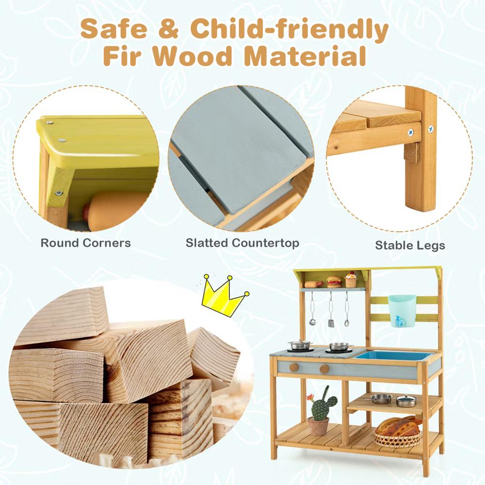 Wooden Play Kitchen Set, Outdoor Kid's Mud Kitchen with Faucet & Water Box - Image 6
