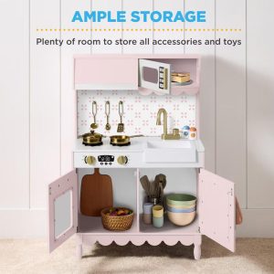 Toddler Kitchen Playset, Wooden Kids Toy Kitchen w/ Microwave, Oven, 5pcs & Storage - Blush Pink