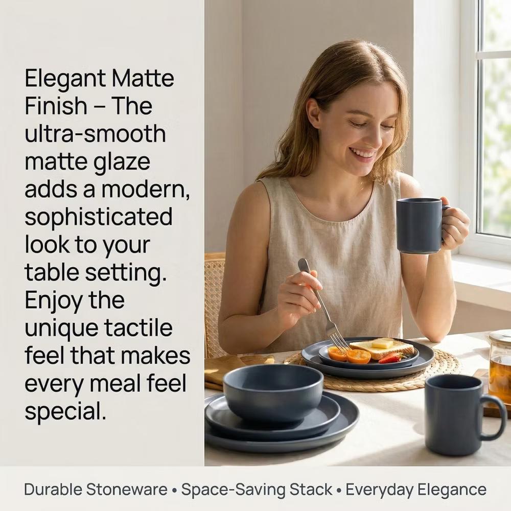 12-Piece Stoneware Dinnerware Set with Mugs, Microwave & Dishwasher Safe, Non-Toxic Dish Set, Plate Set, Stackable Matte Glaze Kitchenware for 3 - Image 19