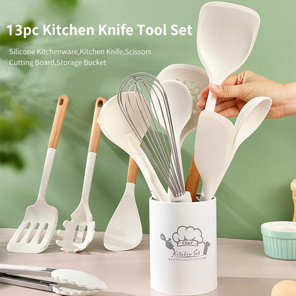 13-Piece Silicone Kitchen Utensils Set, Cooking Utensils with Wooden Handles, Heat Resistant Nonstick Gadgets with Storage Bucket - Image 4