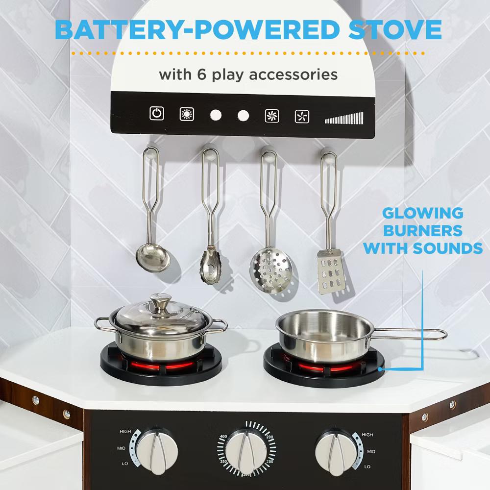 Pretend Play Corner Kitchen, Interactive Wooden Kids Set w/ Lights & Sounds - White - Image 38
