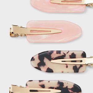 Marble & Tortoise Print Creaseless Hair Clip Set 4pc - with Olivia Dayton Pink/Brown